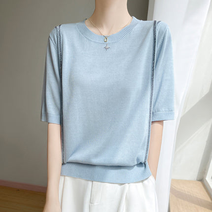 Breathable Tencel 26 New Summer Women's Round Neck Short Fashion T-Shirt Thin Base Shirt with Rhinestones Short Sleeve Top