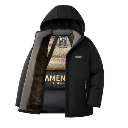 Winter Thickeneded Velvet Warm Cotton Coat Black Gold Lining Removable Hooded Business Men and Women Simple Cotton Coat