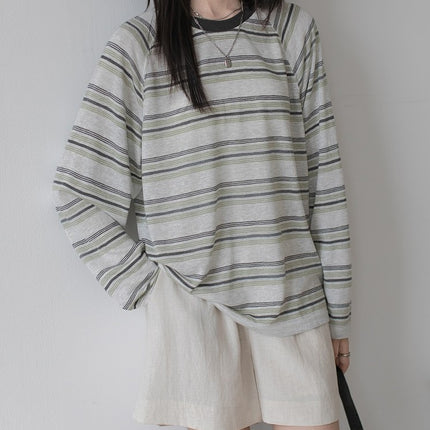 2025 Autumn Salt Green Striped Casual Long Sleeve Blouse Thin Breathable Loose Retro T-Shirt
