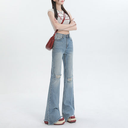Ripped Flared Jeans for Women 2025 Summer New High-Waisted Frayed Design Distressed Floor-Length Bootcut Pants