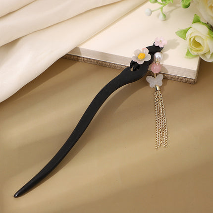 Antique Hairpin Step Tassel Wood Hairpin Imitation Ebony Headwear Disc Hair Simple Accessories Ancient Dress Hairpin Women's Hair
