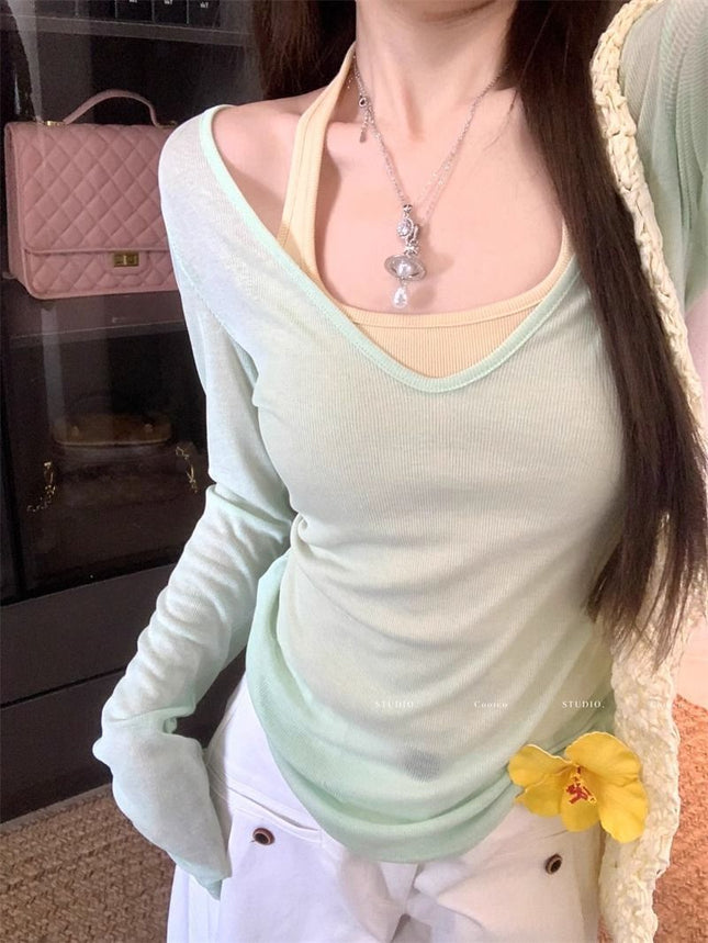 Sun Protection Blouse for Women 2025 New Suit Summer Long-Sleeved T-Shirt Right Shoulder Loose Slimming Look Flesh-Covering Top