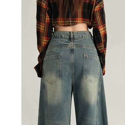 Amazon European and American Style Cross-Border American Retro Washed Distressed Denim Scimitar Pants for Women Loose Wide-Leg Casual Pants