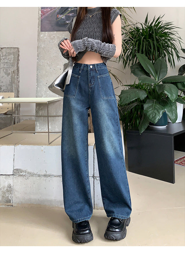 Blue-Gray Straight-Leg Loose Jeans 2025 New Women's Spring and Autumn Pear-Shaped Figure Slim Wide-Leg Pants