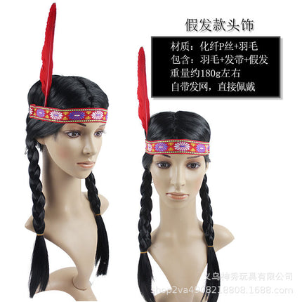 1Halloween Savage Cos Feather Headdress Indian Feather Headdress Red White Black Feather Indian Chief Cap