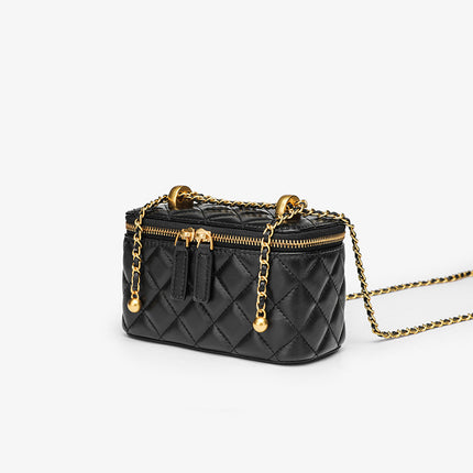 Spring and Summer Chanel Style Gold Ball Diamond Plaid Chain Bag Genuine Leather Women's Bag 2024 New Mini Lipstick Box Bag Crossbody Bag