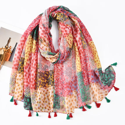 Fresh and Elegant Red Petal Mixed Printed Tassel Gauze Women's Cotton and Linen Scarf Travel Decorative Shawl