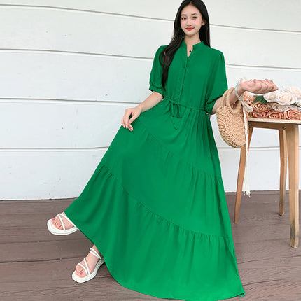 Cross-border chubby girl Super plus size Women's Dress Southeast Asian Short-sleeved Cotton Silk Large Swing Dress Mid-sleeved Beach Dress