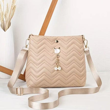 Korean Fashion Wave Stripe Quilted Cat Pearl Pendant Decorative Simple Ladies Crossbody Bag Cross-border Wholesale Bag