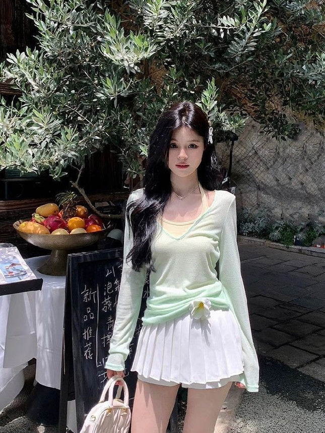 Mint Green Thin Layered V Neck Sun Protection Long-Sleeved T-Shirt for Women Summer Slimming Look Right Shoulder Pure Color Top