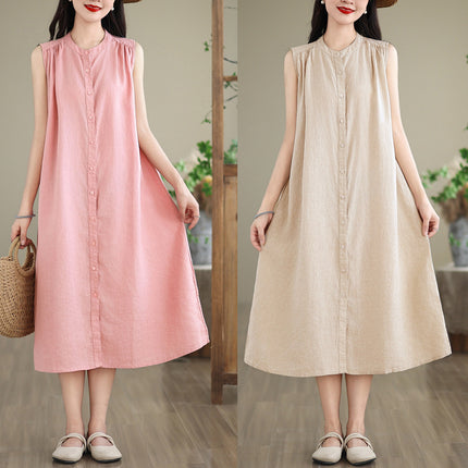 2024 Summer New Style Sleeveless Multi-Pleated Design Solid Color Mid-Length Dress for Women, Artistic Simple Cardigan Cotton and Linen Dress