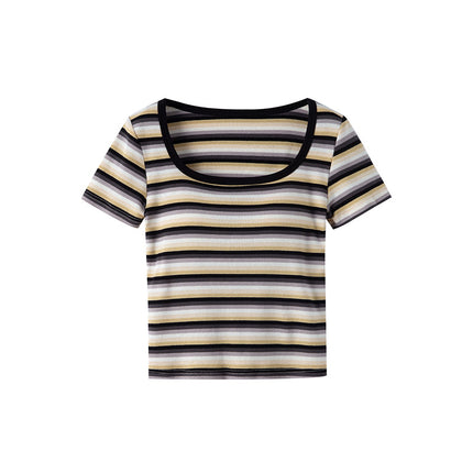 Spring and Summer New Style with Chest Pads, Fashionable and Versatile Square-Neck Gradient Crop Top Short-Sleeve T-Shirt with Built-In Bra