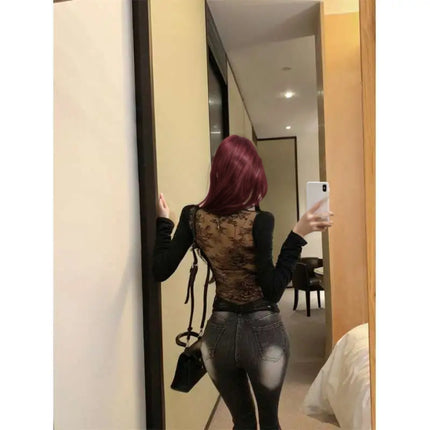 Cross-border foreign trade perspective backless hollow lace v-neck long sleeve slim T-shirt women's top spring pure sexy hot girl