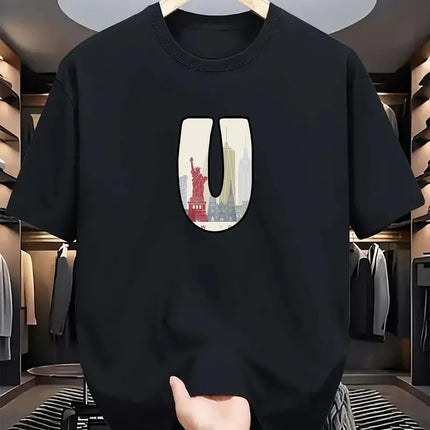 New Heavyweight Round Neck Short-Sleeved T-Shirt for Men, Cross-Border Popular Loose Printed Logo Bottoming Shirt for Men and Women, Half-Sleeved T-Shirt
