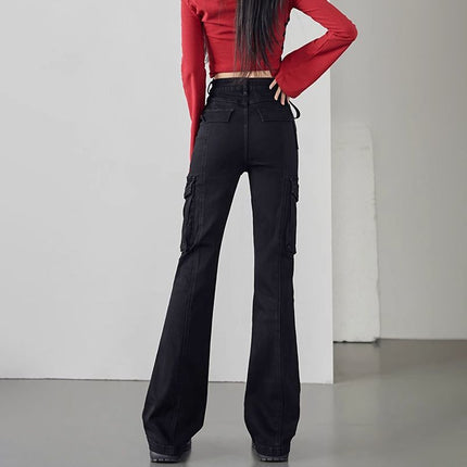 High Waist Micro Horn Denim Cordwork Pants Women's Autumn and Winter 2024 New American Black Slim Look Multi-Pocket Mop Pants