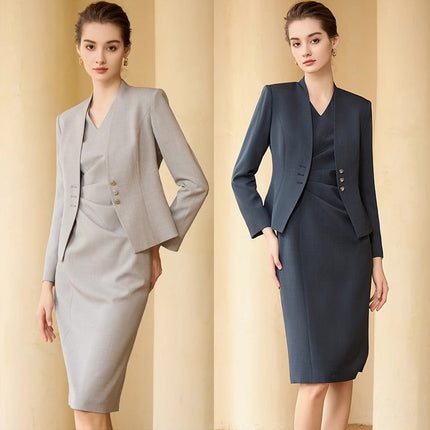 Fashionable Spring and Autumn new women's suit formal wear belly-covering slimming V-neck fashionable mid-length dress suit