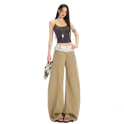 Khaki Scimitar Wide-Leg Jeans for Women 2025 Summer New High-Waisted Loose Lace Design Sickle Pants
