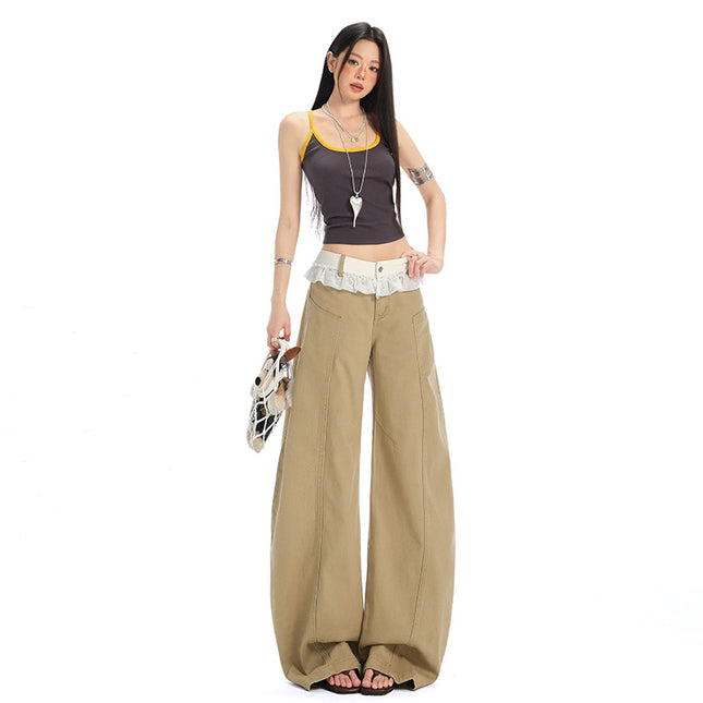 Khaki Scimitar Wide-Leg Jeans for Women 2025 Summer New High-Waisted Loose Lace Design Sickle Pants