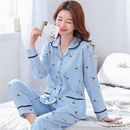 100% Pure Cotton Pajamas Women's Spring and Autumn Long Sleeve Large Size Cardigan Set for Middle-aged and Elderly Women Home Clothes