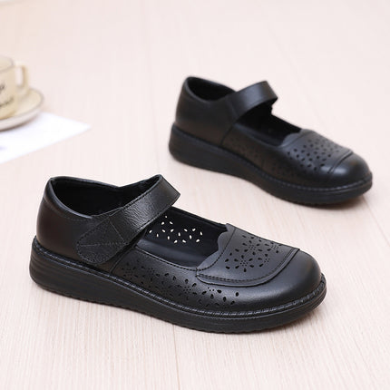 Genuine Leather Round Head Widened Women's Shoes Summer Flat Heeled Soft Bottom Mother Shoes Breathable Comfortable Hollow Hole Shoes Factory Outlet