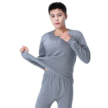 Autumn and Winter Polyester Brushed Fleece Men's Thermal Underwear Set, Round Neck Cotton Sweater, Fleece-Lined and Thickened for Warmth