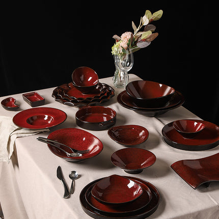 Personalized wine red ceramic restaurant hotel tableware embossed exquisite fruit pastry tray tea tray household dish salad bowl