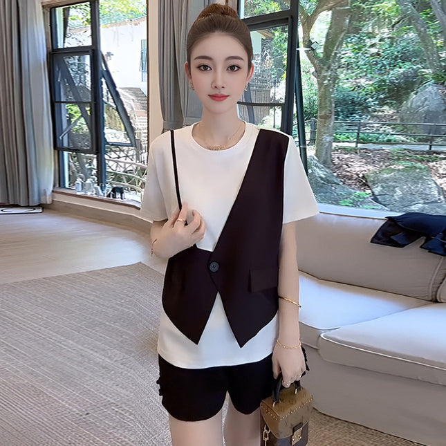 2026-Summer Matching Set of Age-Reducing Casual and Fashionable Vest, T-Shirt, Top, Shorts, Two-Piece Suit for Women