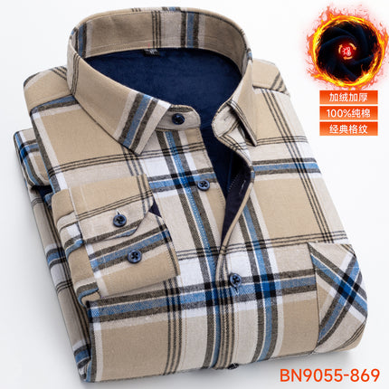 Winter Warm Shirt Pure Cotton Brushed Plaid Fleece-Lined Thickeneded Middle-Aged and Elderly Men's Cardigan Dad's Cotton Shirt