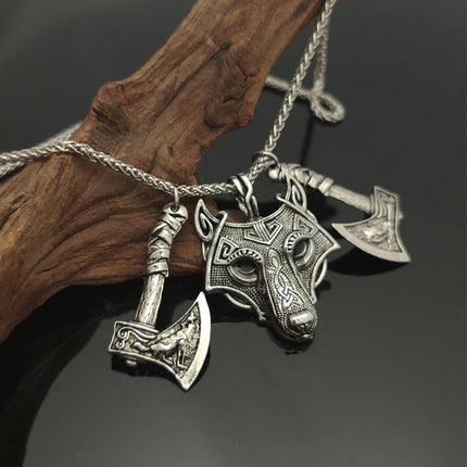 Cross-border explosions retro Norwegian style Nordic Viking Celtic wolf head double axe pendant necklace jewelry wholesale
