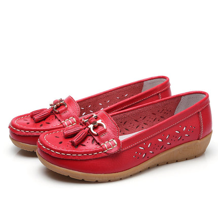 Summer Hollow New Leather Shoes for Middle-Aged and Elderly Mothers, Women's Single Shoes, Bean Shoes, Women's Soft-Soled Wedge-Heeled Clogs, Women's Shoes