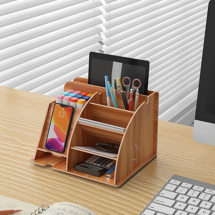 Wooden Pen Holder Storage Box Large Capacity Nordic Creative Fashion Multi-Compartment Pen Holder Office Desktop Storage Shelf