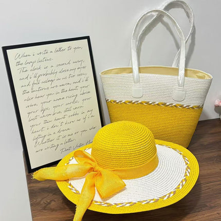 New Color-matching Straw Woven Bag Straw Hat suit Large Capacity Shoulder Bag Woven Bag High-end Seaside Beach Tote Bag