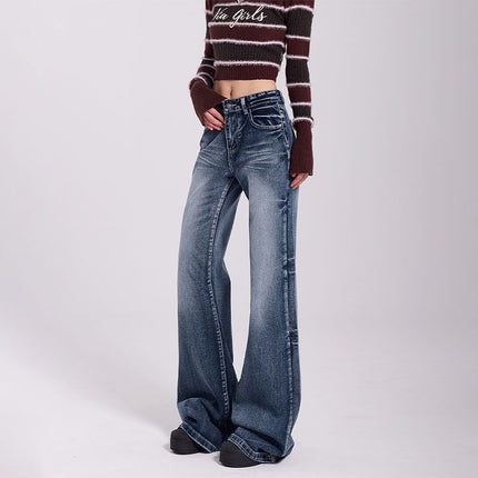 2025 New Women's Slim Small Spring Mop Pants Design Retro Blue High Waist Wide Leg Pants for Outer Wear