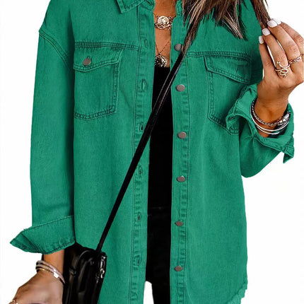 Cross-border New Washed Denim Shirt Jacket 2024 European and American Women's Autumn and Winter Distinctive Street Style Edge Hem Jacket