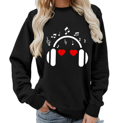 Music Headphones Love Printed Round Neck Women's Top Sweatshirt Foreign Trade Supply Autumn and Winter Coat Casual Loose European Size