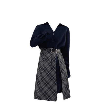 Fashionable Design Fake Two-Piece Shirt Dress Early Spring New Women's French Style Plaid Short Skirt