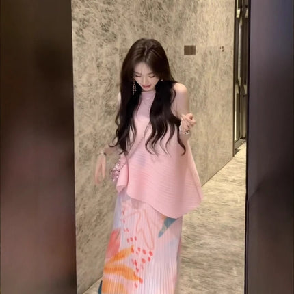 Miyake's Irregular Sleeveless Top Two-Piece Set with Pleated Print, Stylish and Fashionable Suit for Women, Holiday Style Two-Piece Set