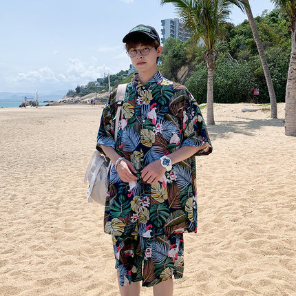Cross-border 2023 Summer Beach Youth Color Printed Shirt Set Men's Multi-color Loose Shorts Shirt Set