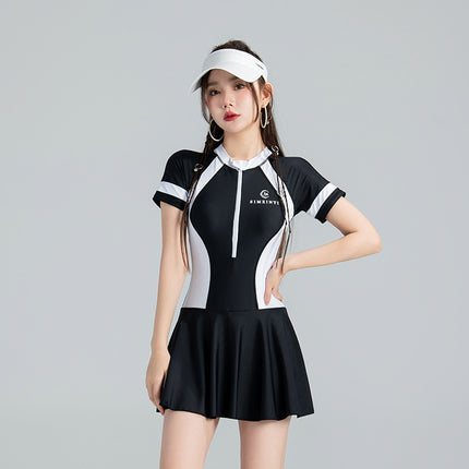 Sports Short-sleeved Swimsuit Women's 2023 New Style Slim-fit Swimsuit Conservative Swimsuit Body-fit Skirt Hot Spring Swimsuit