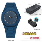 Blue case, blue dial, blue stripes, white text