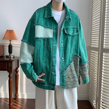 Green Denim Jacket Men's Autumn 2024 New American Style Patchwork Design Sense Niche Loose Jacket Top