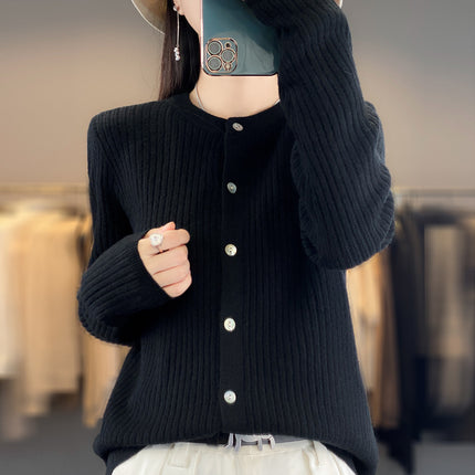 Spring and Autumn New Round Neck Cashmere Cardigan Women's Loose Casual All-match Long Sleeve Sweater Fashionable Elegant Outer Jacket