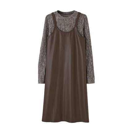 New in stock Tea dress suit Women's 2024 Spring and Autumn Leather Slip Skirt Knitted Two-piece Set