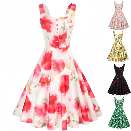 Cross-border Foreign Trade 1950S Retro Cocktail Dance Sleeveless Homecoming Dress Summer Printed Button A Word dress