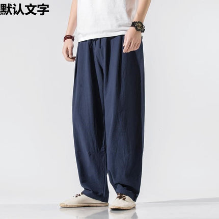 Pendant Wide-leg Pants Men's Loose Straight Linen Pants Chinese Style Spring and Summer Linen Bloomers for Fatty Men Cotton and Linen Casual Pants