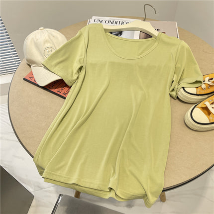 V Neck Cool Cupro T-Shirt for Women in Summer, Simple and Versatile Draped, Slim Goose Egg Collar, Pure Color Short-Sleeved Top T-Shirt
