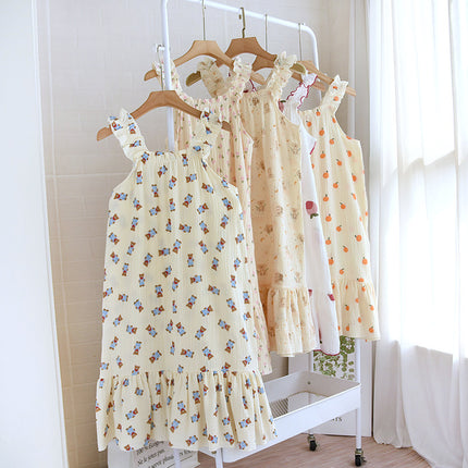 Cotton Gauze Sling Nightgown Women's Summer All Cotton Thin Cute Fresh Pajamas Loose Sweet Crepe Home Clothes