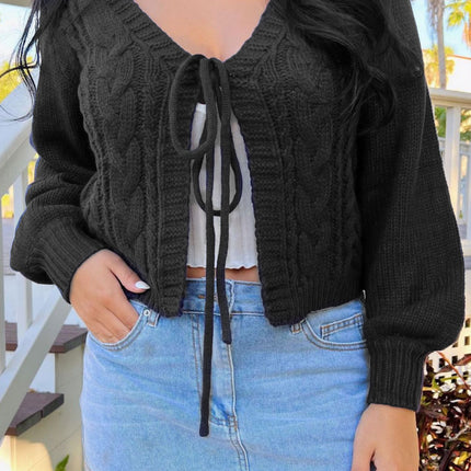 European and American Style Pure Color V Neck Twist Knitted Cardigan Short Lace-Up Lantern Sleeve Sweet and Cool Retro Cross-Border Women's Sweater