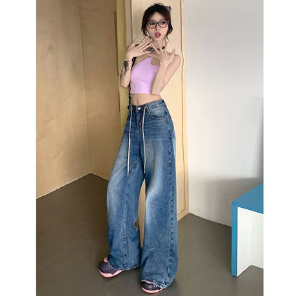 Drawstring Design Jeans Retro Distressed Women's Tall 2025 Loose Slimming Wide-Leg Pants Drape Floor-Length Pants