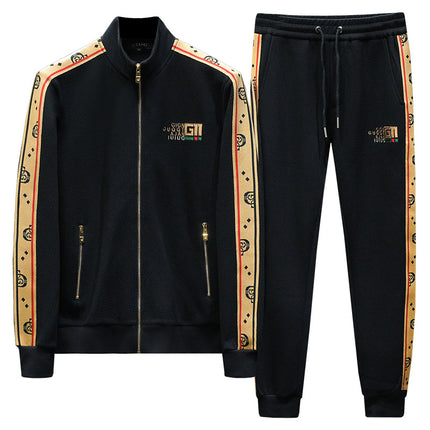 Men's Brand New Autumn and Winter Men's Fashion Brand Stand Collar Striped Cotton Slim Sweatshirt Two-Piece Set